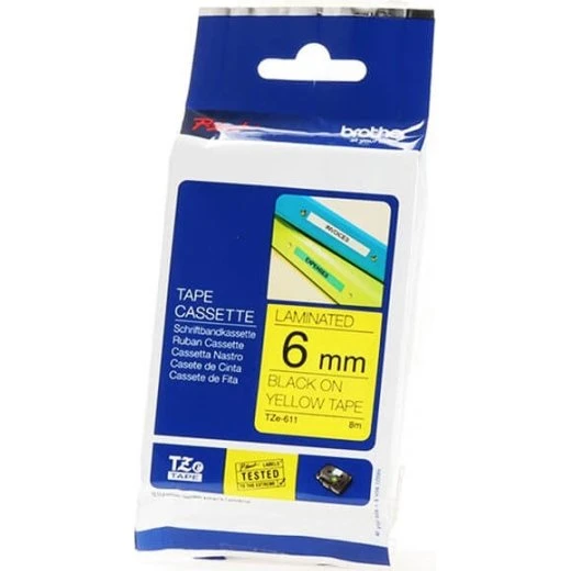 Brother TZE-611 6mm Sort/Gul Tape