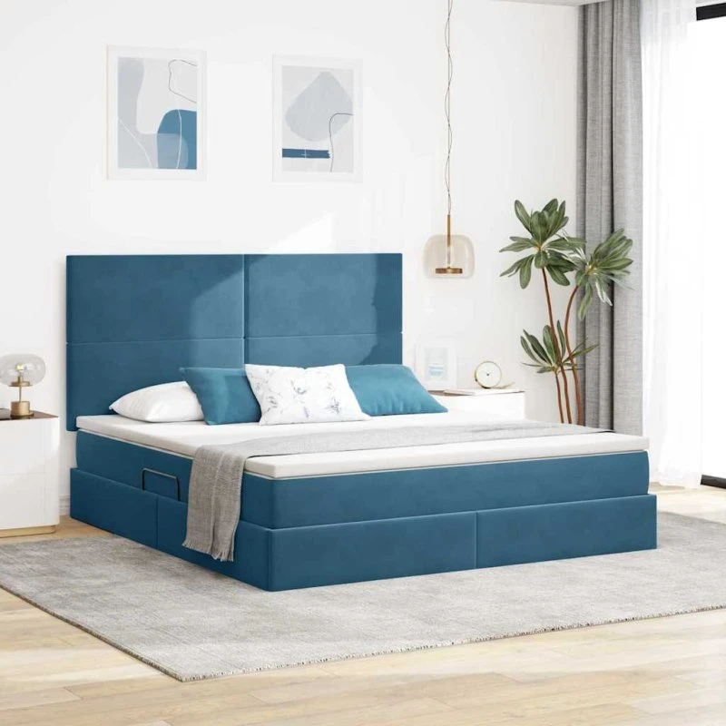 vidaXL LED opbevaringsseng mørk blå 160x200 cm med fløjlsmøde og madras