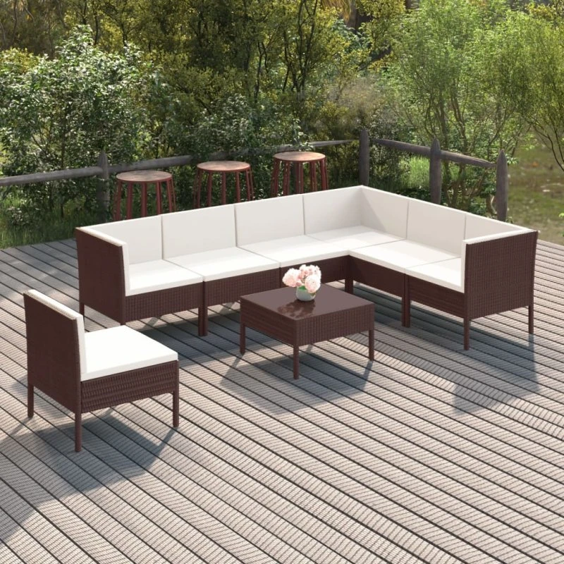vidaXL 8-deligt loungesæt i polyrattan med hynder, brun