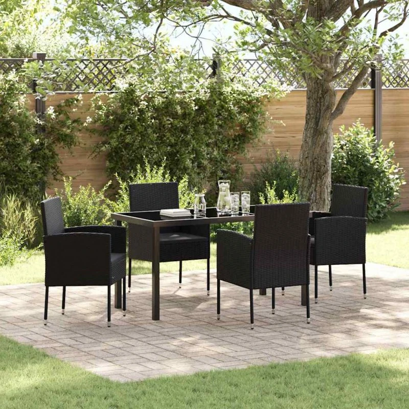 vidaXL Have Spisebordssæt 5 pc Sort PolyRattan med Puder