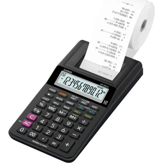 Casio HR-8RCE Mini Strimmelregner med 12-cifret Display, Sort