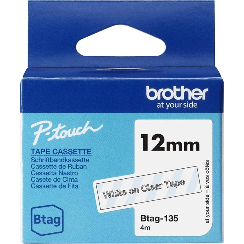 Brother BTAG-135 Hvid på transparent mærkattape 1,2 cm x 4 m