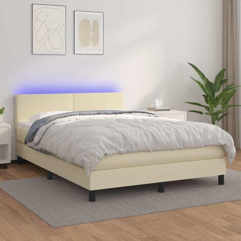 vidaXL Kontinentalseng 140x200 cm med LED-lys, cremefarvet kunstlæder