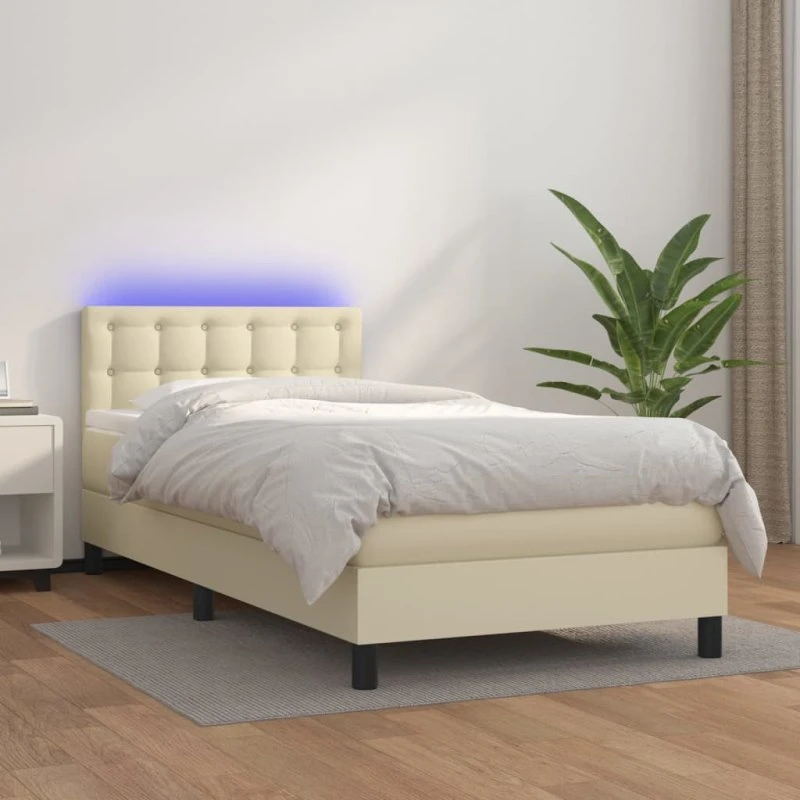 vidaXL Kontinentalseng 90x200 cm i kunstlæder creme med LED-lys