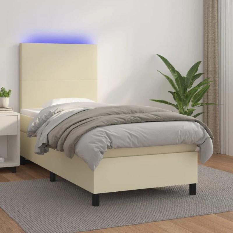 vidaXL Kontinentalseng 90x190 cm med LED-lys i cremefarvet kunstlæder