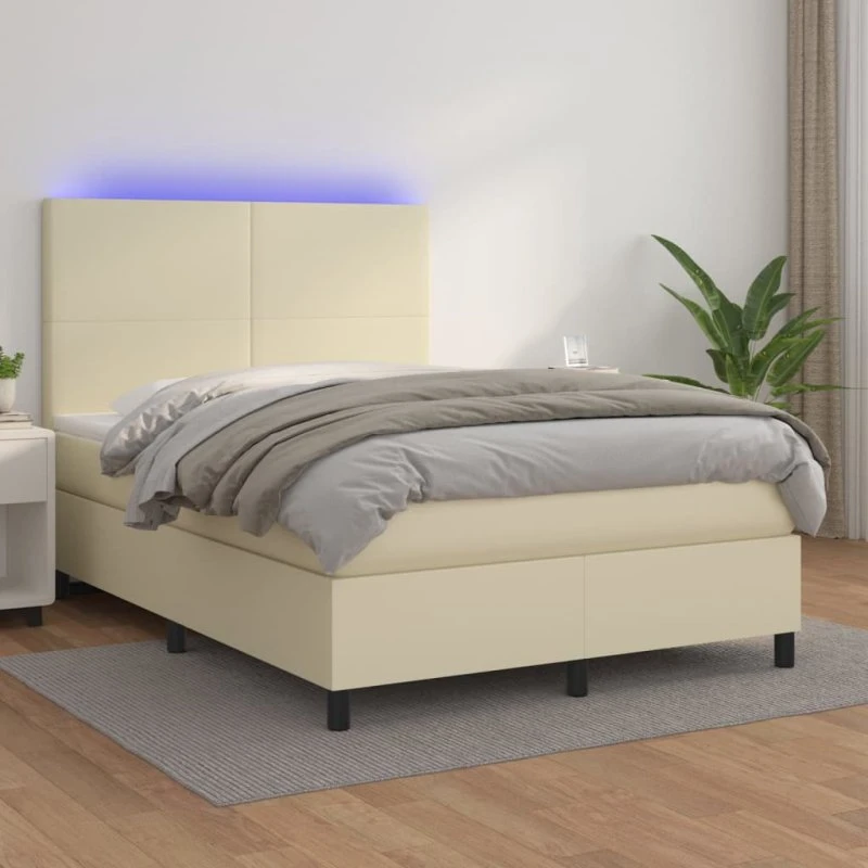 vidaXL Kontinentalseng 140x190 cm med LED-lys, cremefarvet kunstlæder