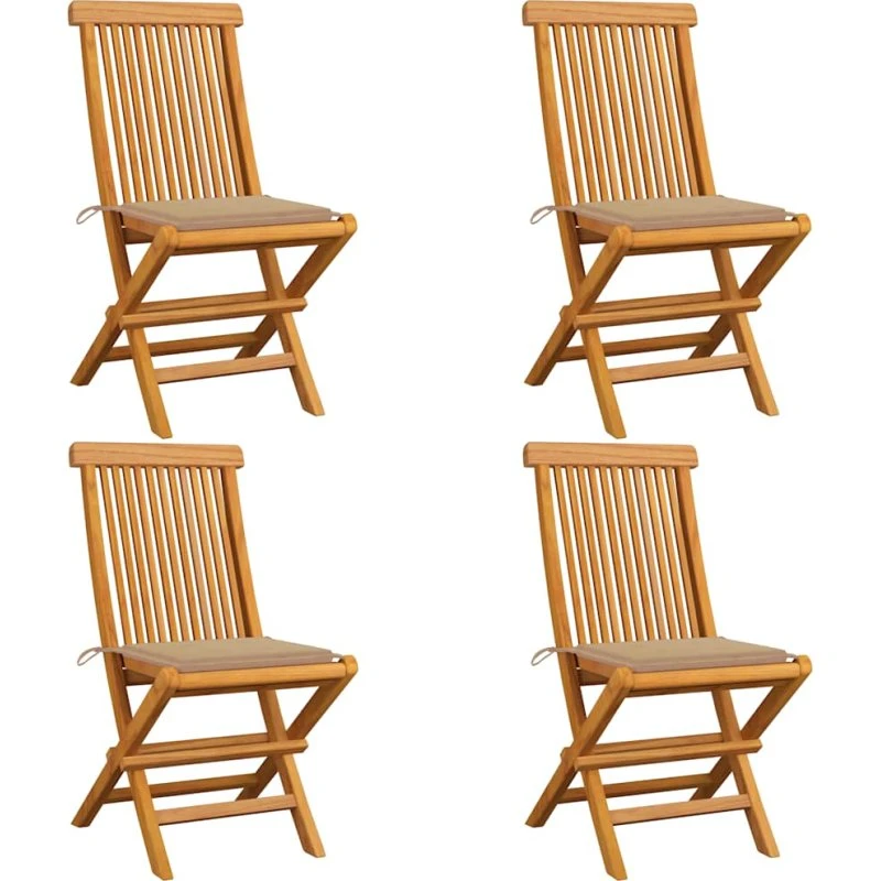 vidaXL Foldbare Havestole i Massivt Teak med Beige Hynder 4 Stk.