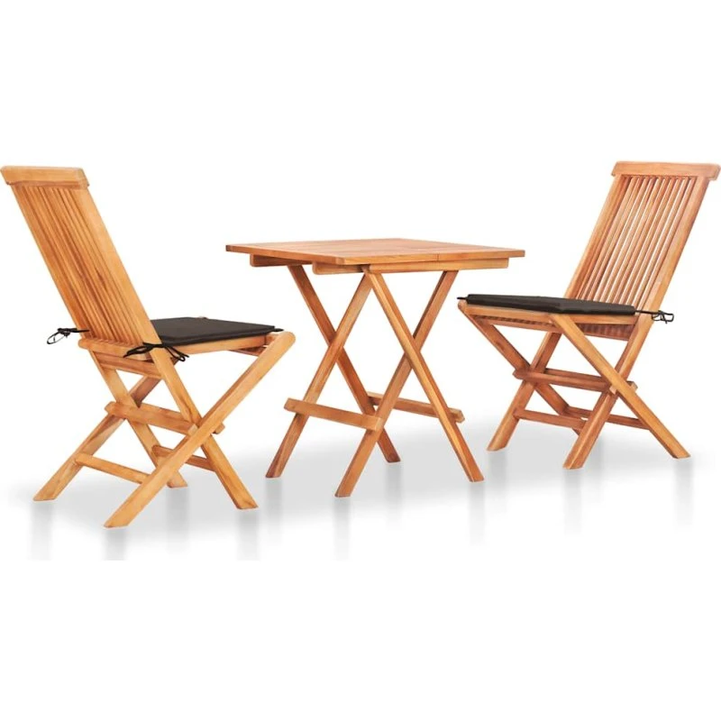 vidaXL Bistrosæt 3 dele med gråbrune hynder i massivt teaktræ