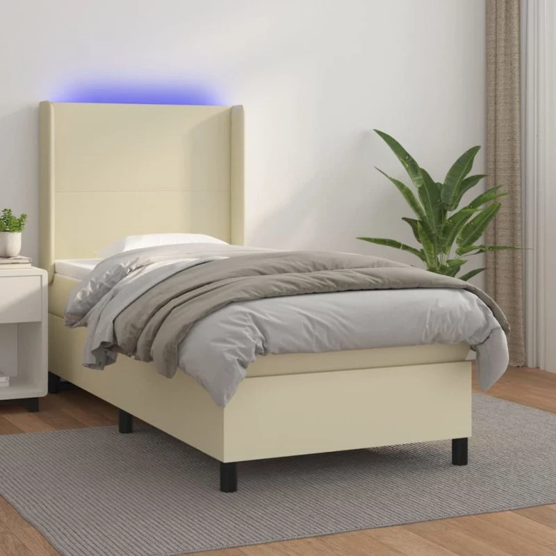 vidaXL Kontinentalseng 90x190 cm med LED-lys i cremefarvet kunstlæder