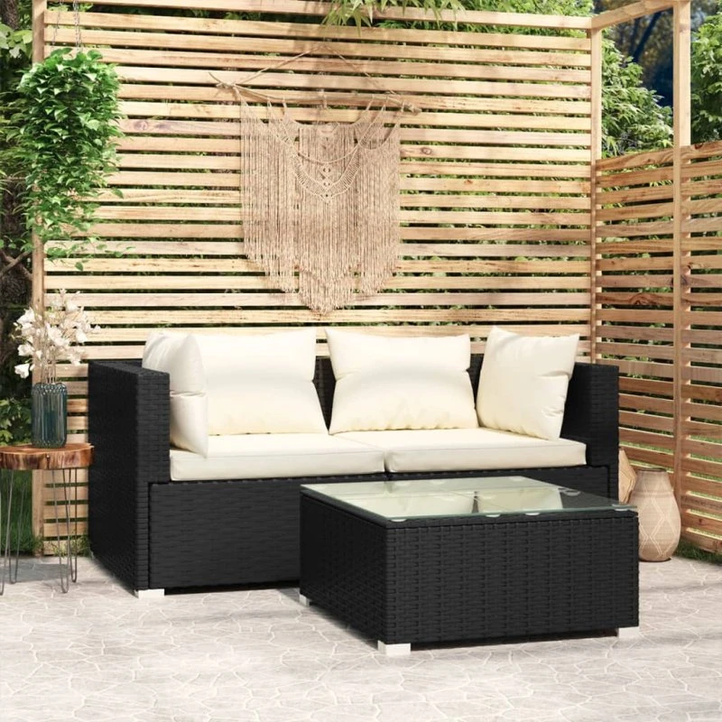 vidaXL 3-del 3-2-1 loungesæt med hynder i sort polyrattan