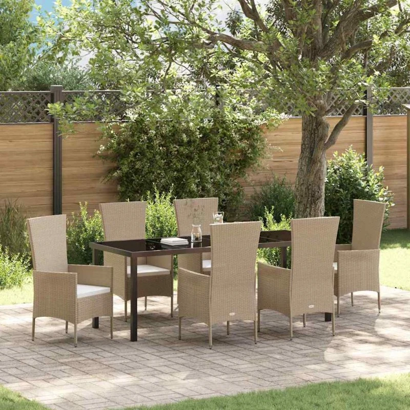 vidaXL Have Spisebordssæt 7 pcs Beige Polyrattan med Puder