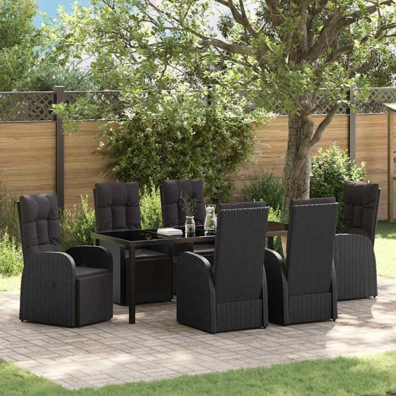 vidaXL Have Spisebordssæt 7 pcs Sort PolyRattan med Puder