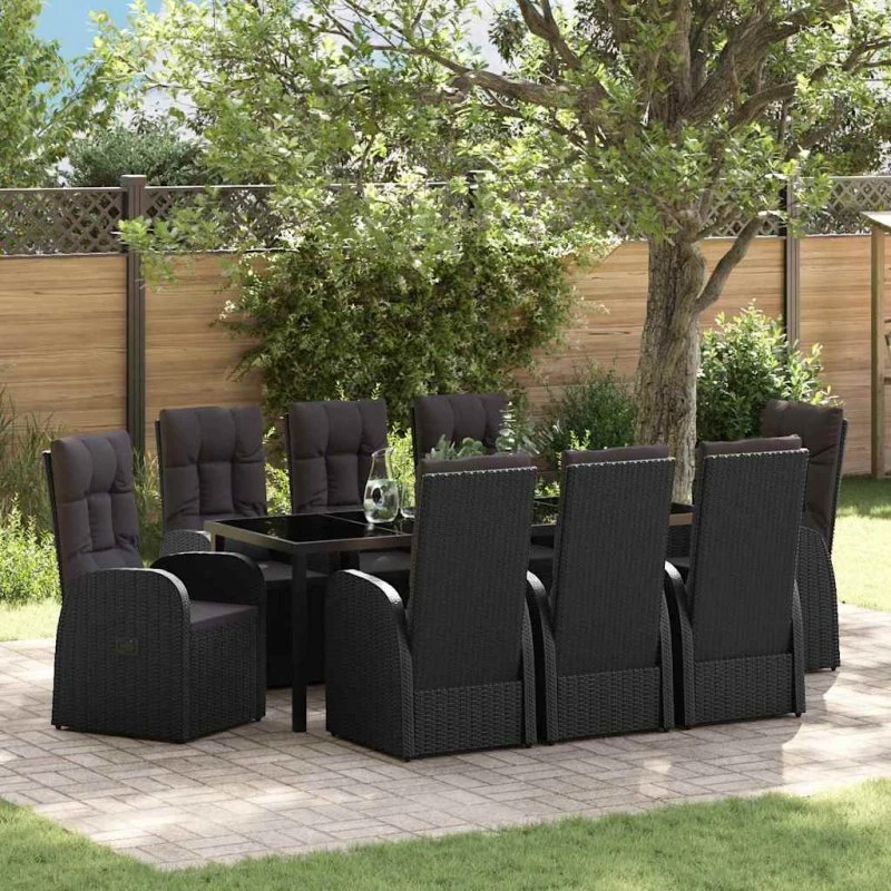 vidaXL Have Spisebordssæt 9 pcs Sort PolyRattan med Puder