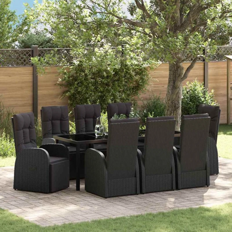 vidaXL Have Spisebordssæt 9 pcs Sort PolyRattan med Puder