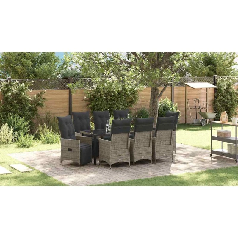 vidaXL Have Spisebordssæt 9 pcs Grå PolyRattan med Puder
