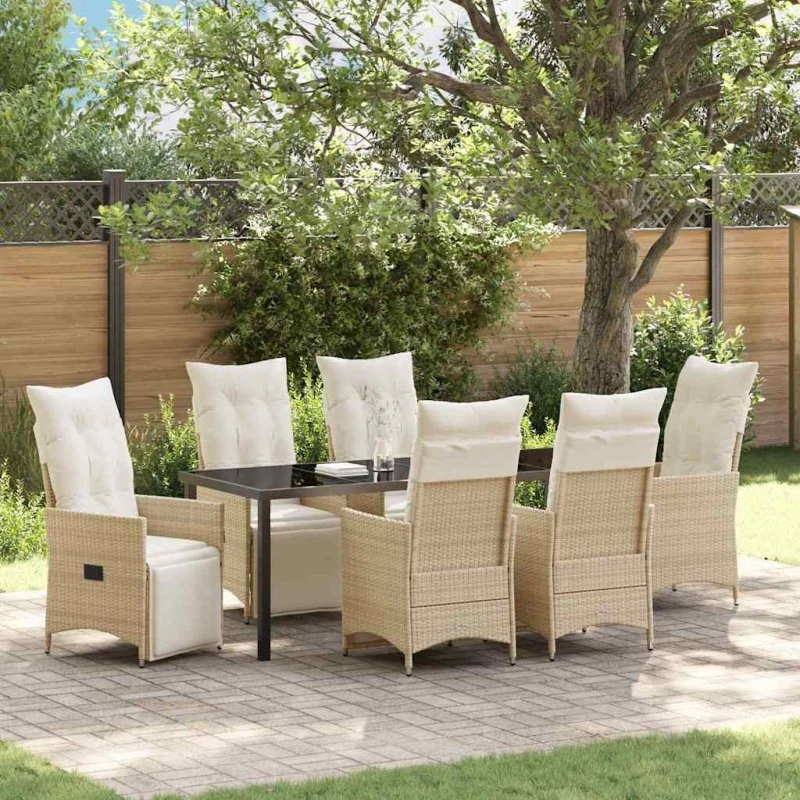 vidaXL Have Spisebordssæt 7 pcs Beige Polyrattan med Puder