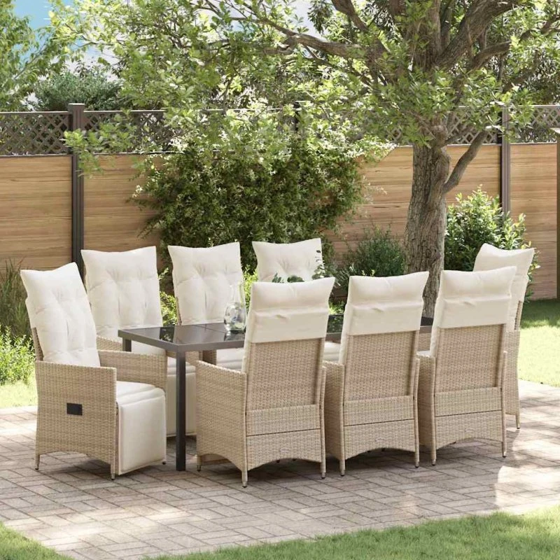 vidaXL Have Spisebordssæt 9 pcs Beige Polyrattan med Puder