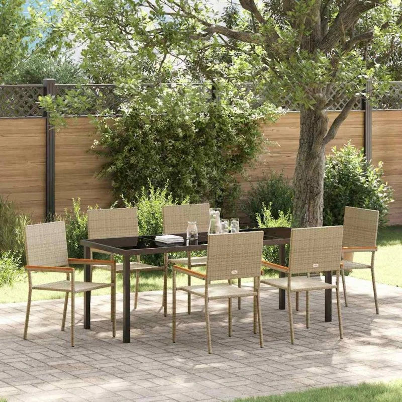 vidaXL Have Spisebordssæt 7 dele Beige PolyRattan med Glasbord 200×80 cm