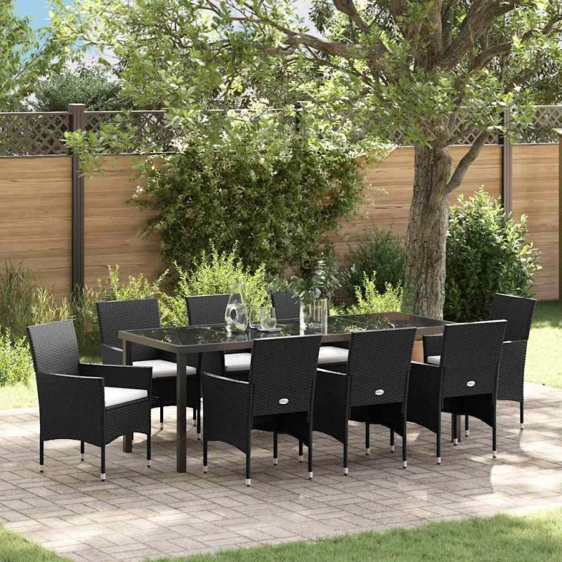 vidaXL Have Spisebordssæt 9 pcs Sort PolyRattan med Puder