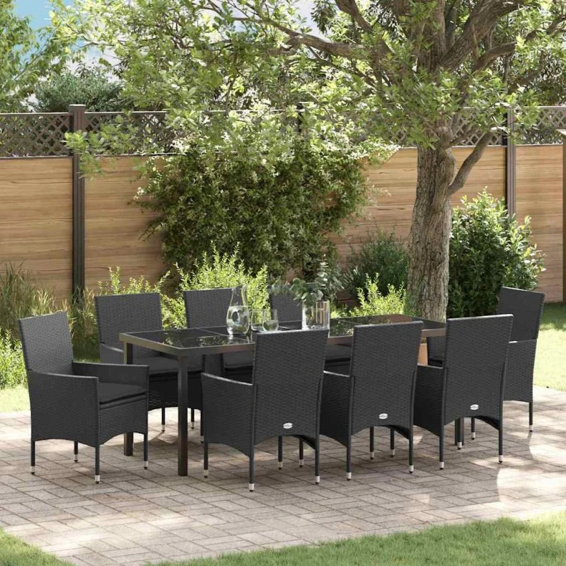 vidaXL Have Spisebordssæt 9 dels Sort PolyRattan