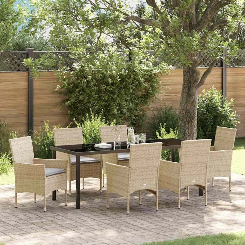 vidaXL Have Spisebordssæt 7 dele Beige PolyRattan med Puder