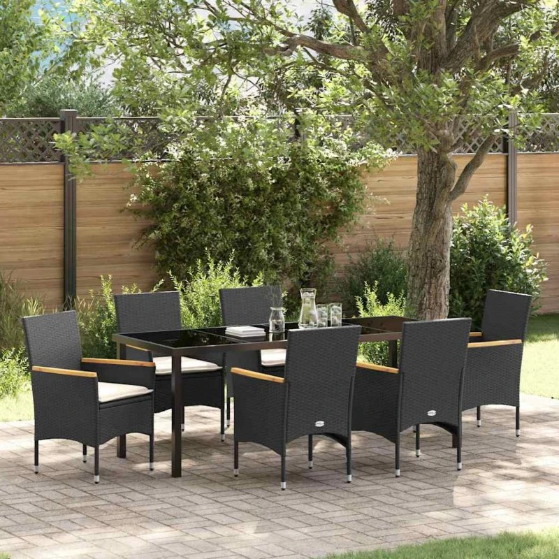 vidaXL Have Spisebordssæt 7 pcs Sort PolyRattan med Puder
