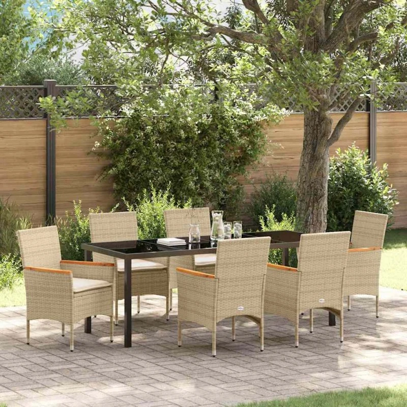 vidaXL Have Spisebordssæt 7 pcs Beige Polyrrattan med Puder