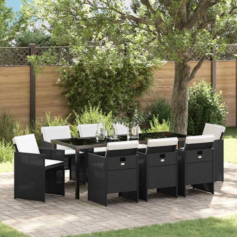 vidaXL Have Spisebordssæt 9 pcs Sort Poly Rattan med Puder