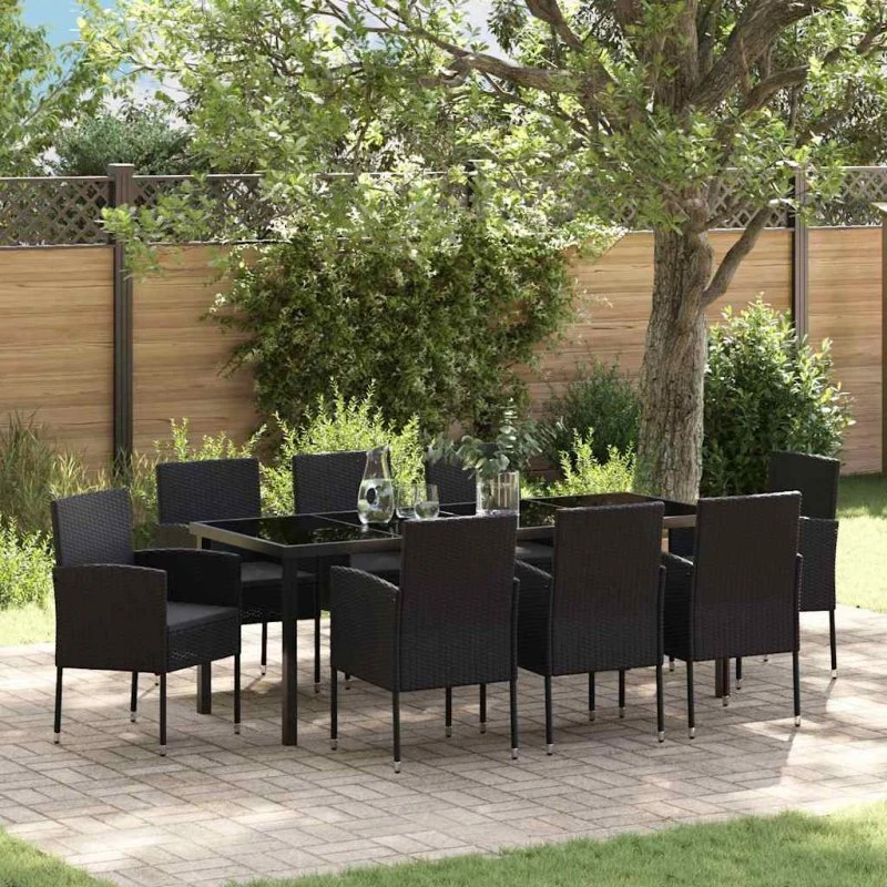 vidaXL Have Spisebordssæt 9 pcs Sort PolyRattan med Puder