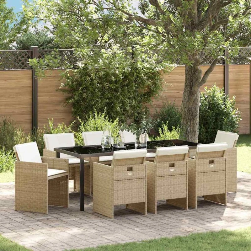vidaXL Have Spisebordssæt 9 pcs Beige Poly Rattan med Puder