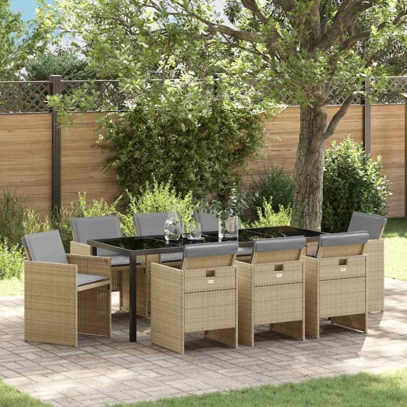 vidaXL Have Spisebordssæt 9 pcs Beige Poly Rattan med Puder