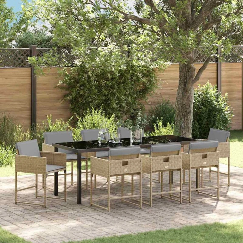 vidaXL Have Spisebordssæt 9 pcs Beige PolyRattan med Puder