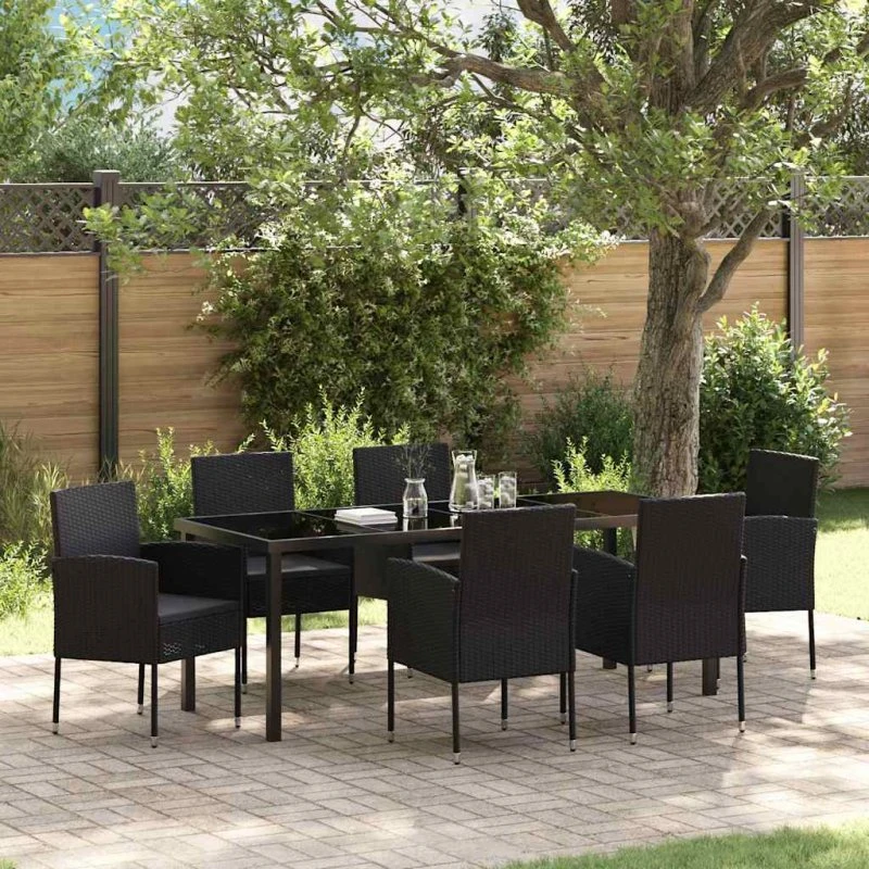 vidaXL Have Spisebordssæt 7 pcs Sort PolyRattan med Puder