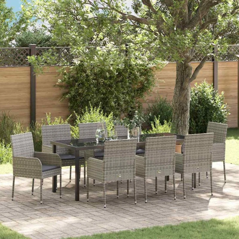 vidaXL Have Spisebordssæt 9 pcs Grå Poly Rattan med Puder