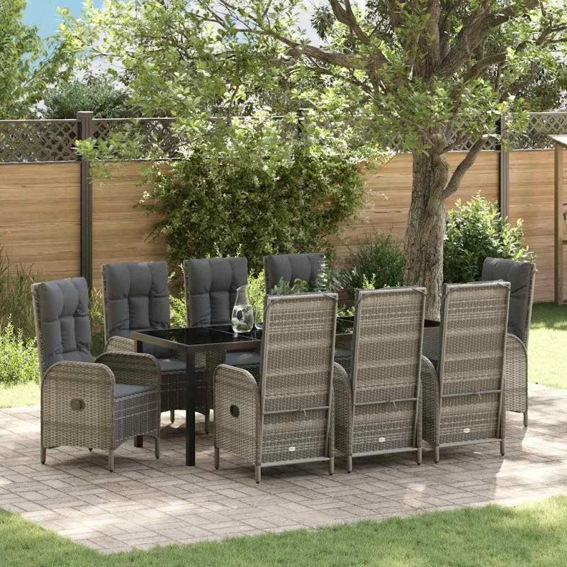 vidaXL Have Spisebordssæt 9 pcs Grå PolyRattan med Puder