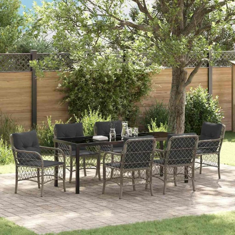 vidaXL Have Spisebordssæt 7 pcs Grå PolyRattan med Puder