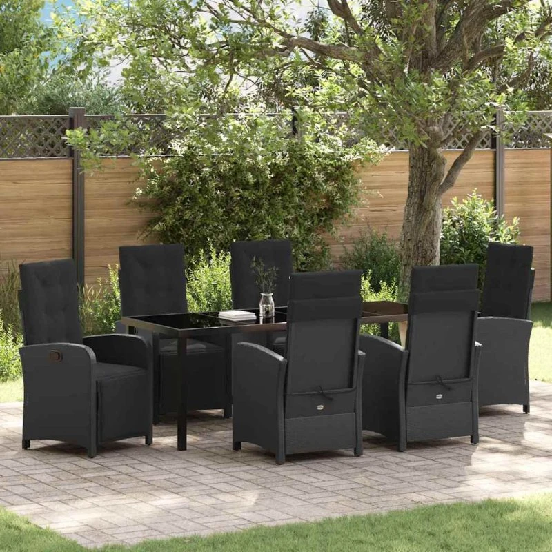 vidaXL Have Spisebordssæt 7 dels Sort PolyRattan med Puder