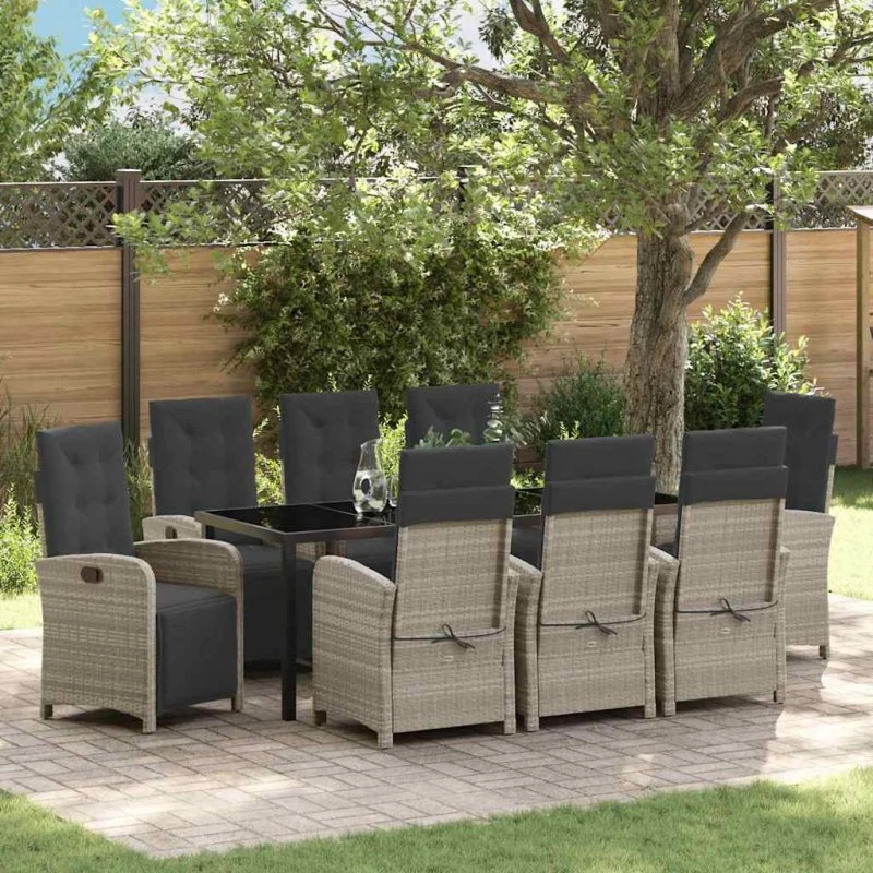 vidaXL Have Spisebordssæt 9 pcs Lysegrå PolyRattan med Puder