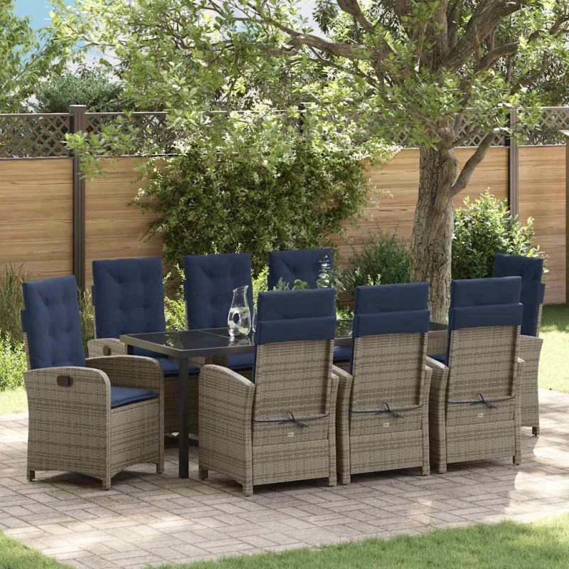 vidaXL Have Spisebordssæt 9 pcs Grå Poly Rattan med Puder