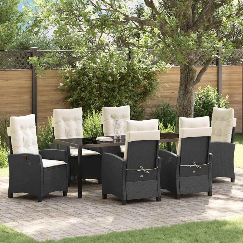 vidaXL Have Spisebordssæt 7 pc Sort PolyRattan med Puder