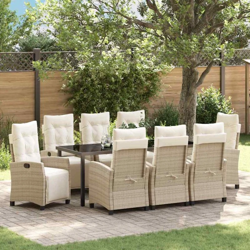 vidaXL Have Spisebordssæt 9 pcs Beige Polyrrattan med Puder