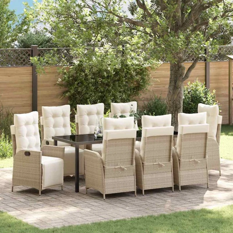 vidaXL Have Spisebordssæt 9 pcs Beige PolyRattan