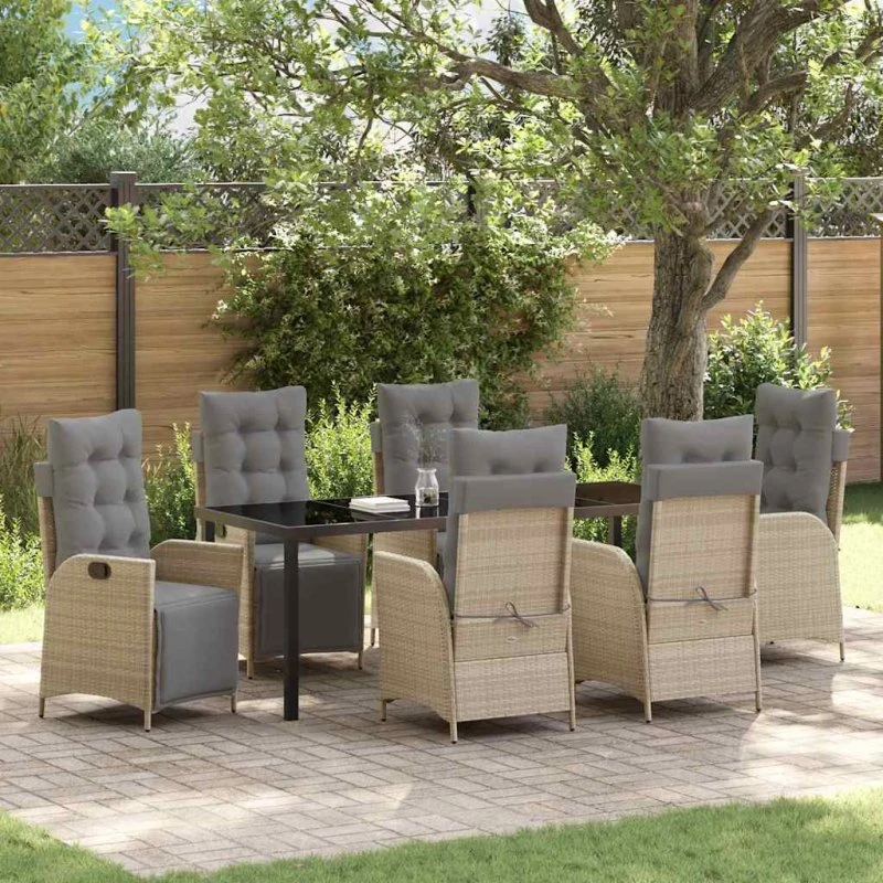 vidaXL Have Spisebordssæt 7 dele Beige Poly Rattan med Glasbord