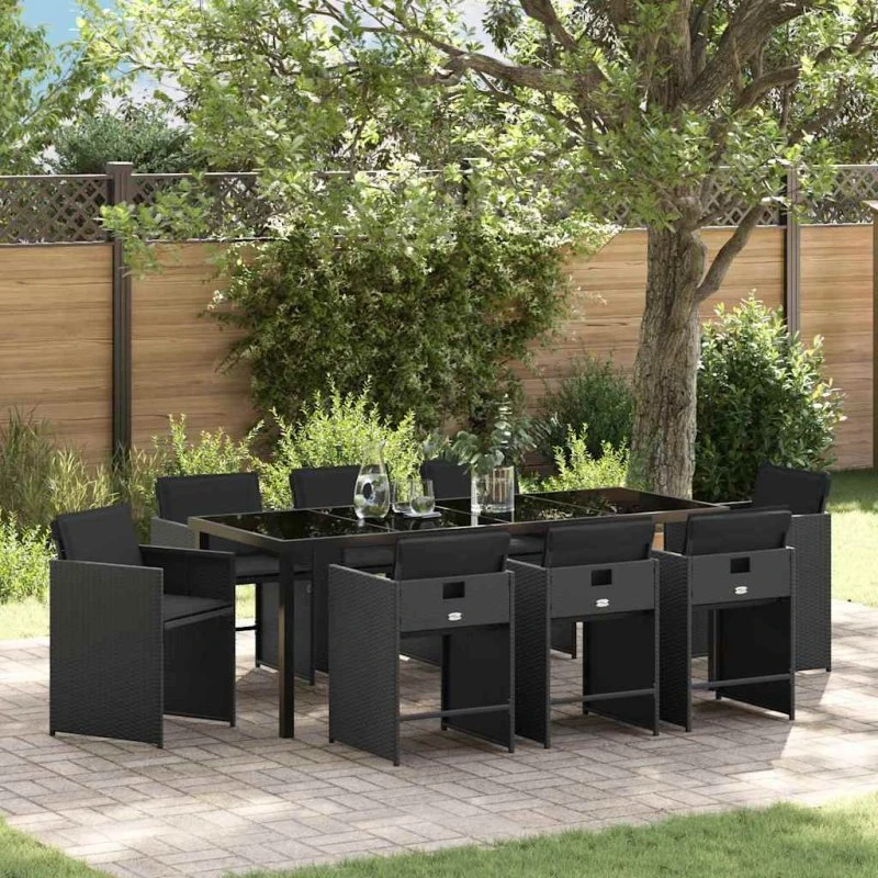 vidaXL Have Spisebordssæt 9 dels Sort PolyRattan