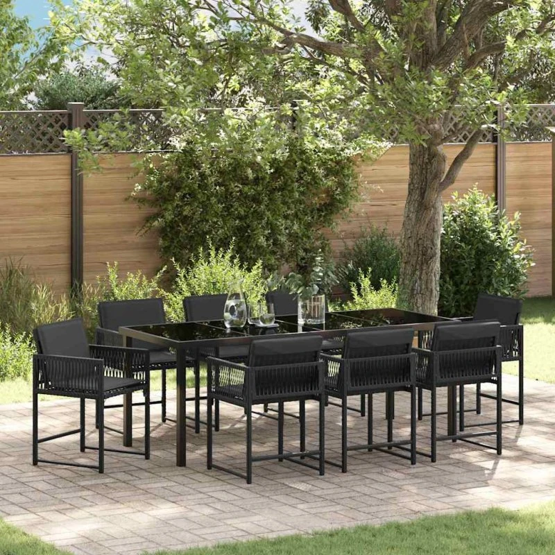 vidaXL Have Spisebordssæt 9 pc Sort PolyRattan