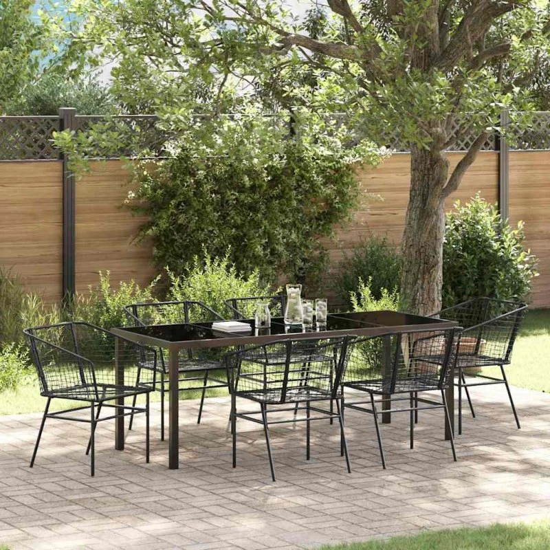 vidaXL Have Spisebordssæt 7 del, Sort PolyRattan, Glasoverflade