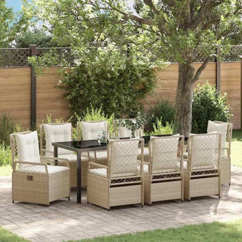 vidaXL Have Spisebordssæt 9 pcs Beige/Cremehvid Poly-Rattan