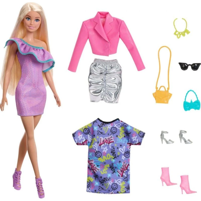 Barbie Dukke med 3 Outfits & Tilbehør