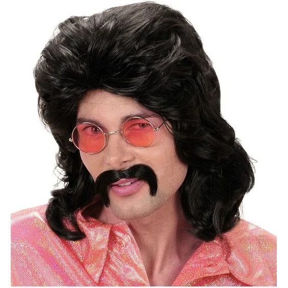 70'er sort paryk med krøller og matchende overskæg