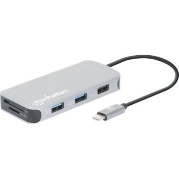 Manhattan 8i1 USB-C Dock med Kortlæser, 10W PD, Aluminium, Silver